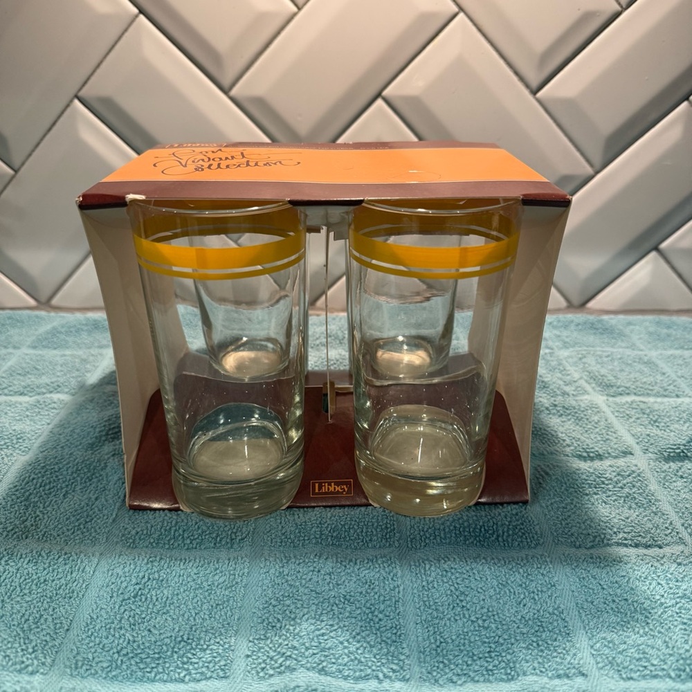 New Vintage Libbey Bon Vivant Sunshine Yellow Stripe 12oz Glasses Set Of 4